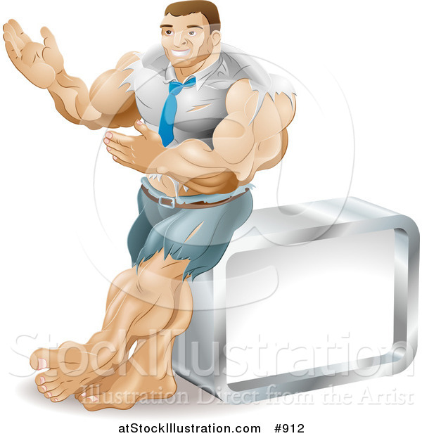 Vector Illustration of a Muscular Body Builder Businessman Bulging out of His Clothes and Gesturing with His Hands While Leaning Against a Cube