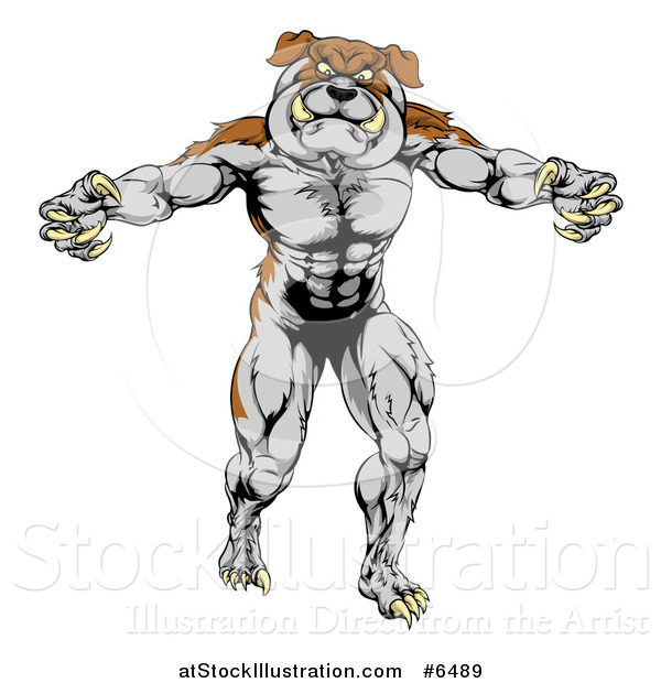 Vector Illustration of a Muscular Brown and Gray Bulldog Monster Man Mascot Standing Upright