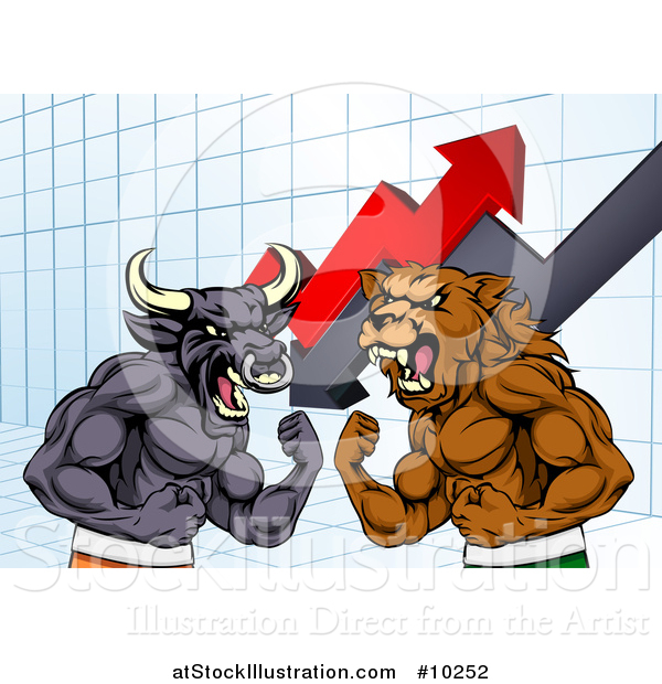 Vector Illustration of a Muscular Brown Bear Man and Angry Bull Ready to Fight over a Graph with Arrows