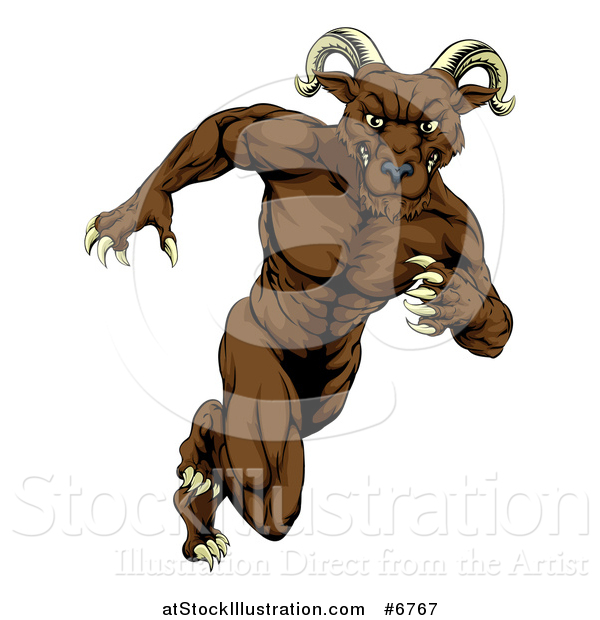 Vector Illustration of a Muscular Brown Ram Monster Man Running Upright