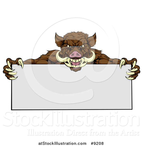 Vector Illustration of a Muscular Brown Razorback Boar Mascot Holding a Blank Sign