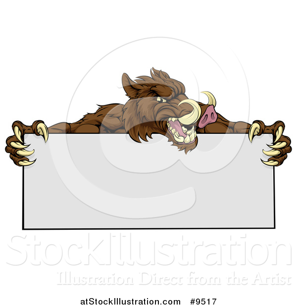 Vector Illustration of a Muscular Brown Razorback Boar Mascot Holding a Blank Sign