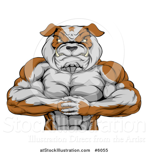 Vector Illustration of a Muscular Bulldog Man Punching One Fist into a Palm