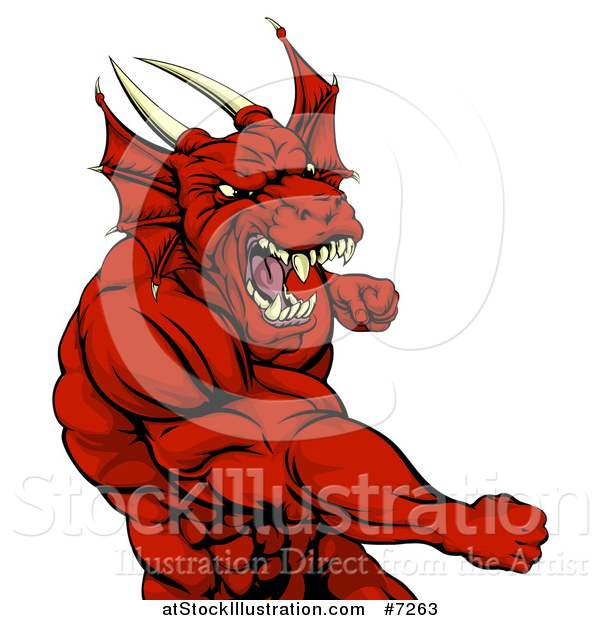 Vector Illustration of a Muscular Fighting Red Dragon Man Punching