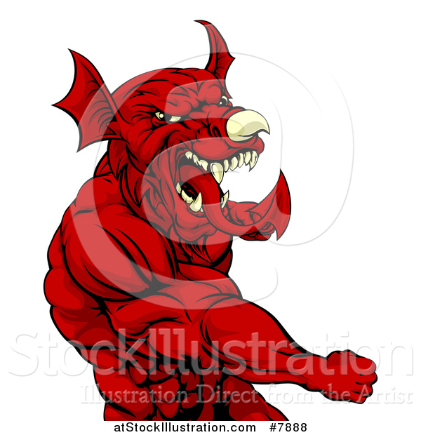 Vector Illustration of a Muscular Fighting Red Welsh Dragon Man Punching