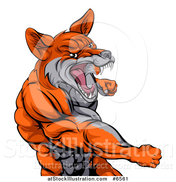 Vector Illustration of a Muscular Fox Man Mascot Punching from the Hips up