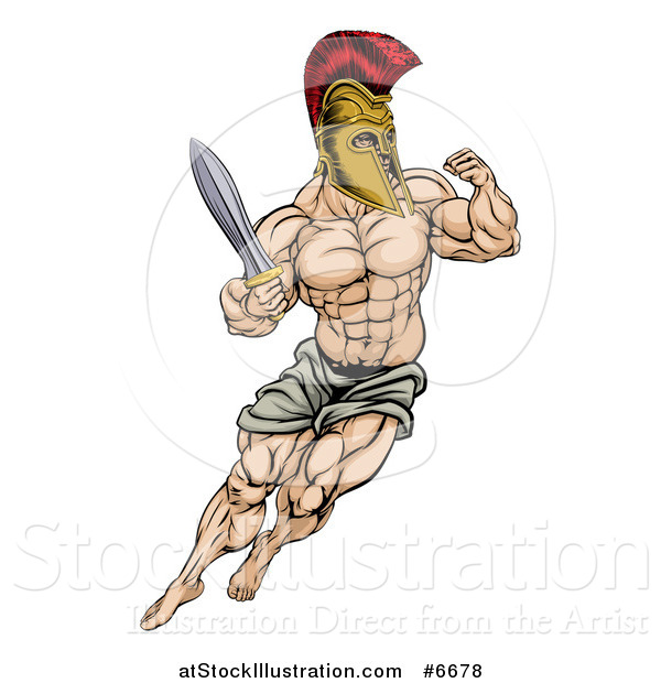 Vector Illustration of a Muscular Gladiator Gladiator Man in a Helmet Fighting with a Sword