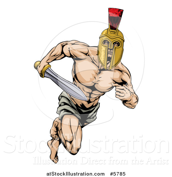 Vector Illustration of a Muscular Gladiator in a Helmet Running with a Sword