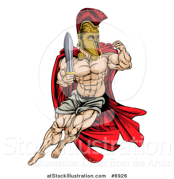 Vector Illustration of a Muscular Gladiator Man in a Helmet Fighting with a Sword and Holding up a Fist