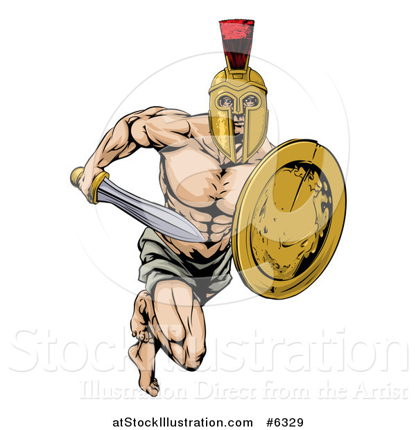 Vector Illustration of a Muscular Gladiator Man in a Helmet Running with a Sword and Shield