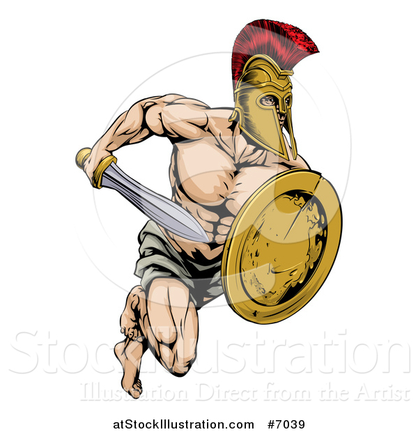 Vector Illustration of a Muscular Gladiator Man in a Helmet Sprinting with a Sword and Golden Shield