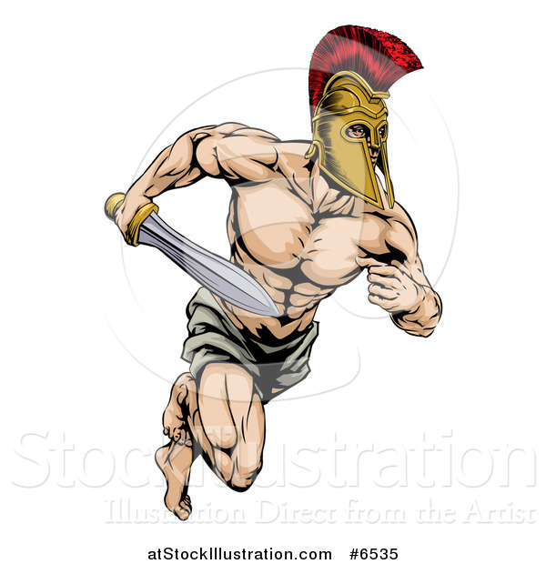 Vector Illustration of a Muscular Gladiator Man in a Helmet Sprinting with a Sword