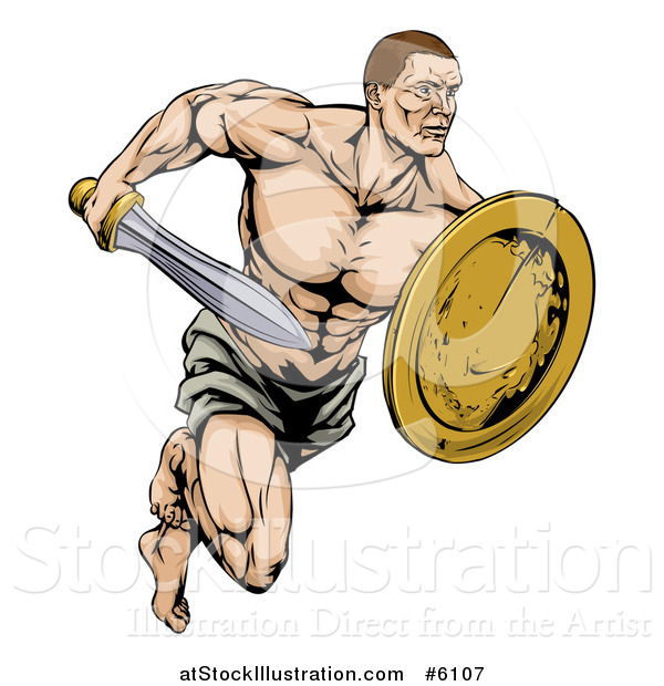 Vector Illustration of a Muscular Gladiator Running with a Sword and Shield