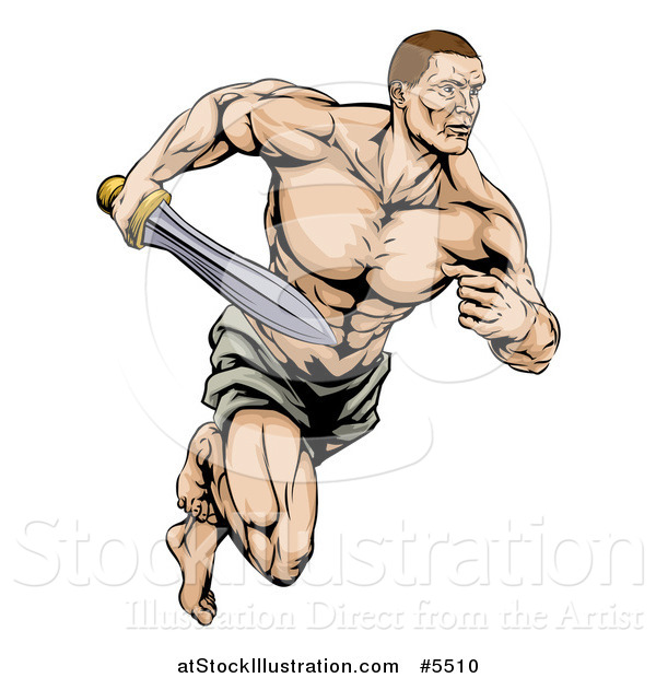 Vector Illustration of a Muscular Gladiator Running with a Sword
