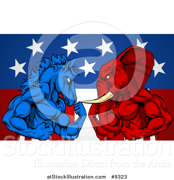 Vector Illustration of a Muscular Political Aggressive Democratic Donkey or Horse and Republican Elephant Battling over an American Flag and Burst