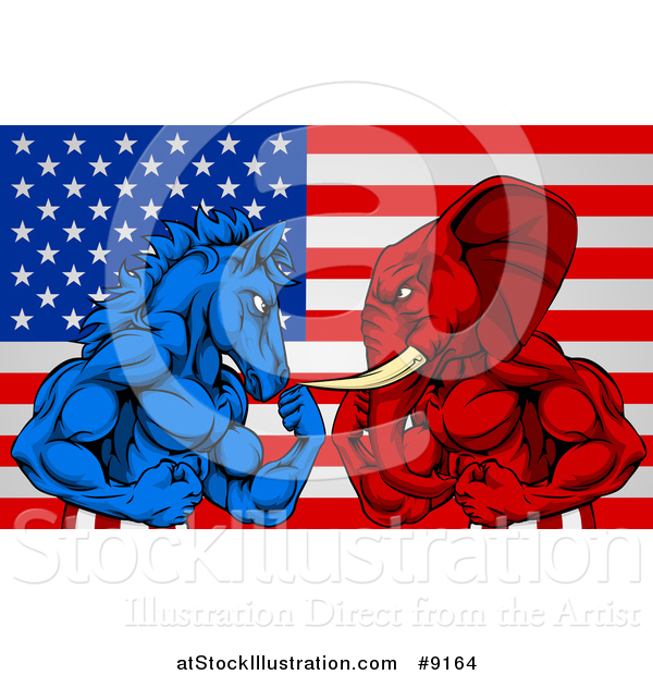 Vector Illustration of a Muscular Political Aggressive Democratic Donkey or Horse and Republican Elephant Battling over an American Flag