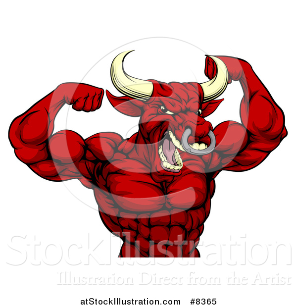 Vector Illustration of a Muscular Red Bull Man Mascot Flexing, from the Waist up