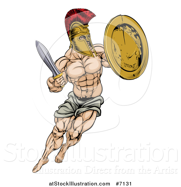 Vector Illustration of a Muscular Spartan Man in a Helmet Fighting and Jumping with a Sword and Shield