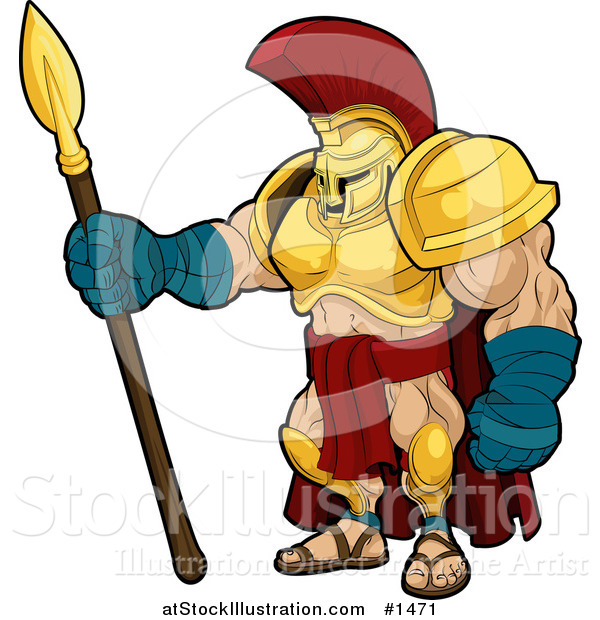 Vector Illustration of a Muscular Spartan or Trojan Gladiator Warrior in Golden Armor, Standing with a Spear