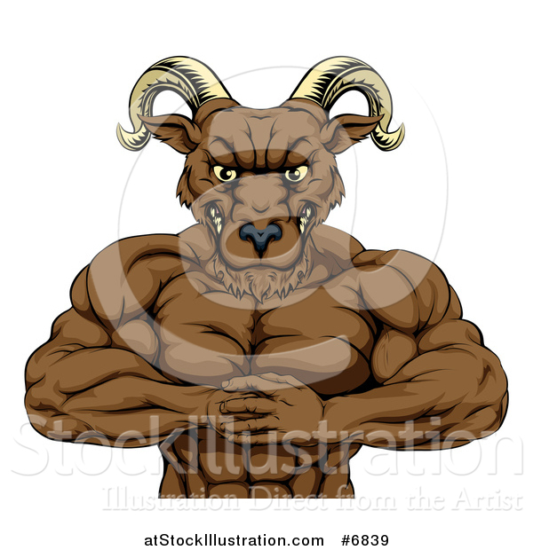 Vector Illustration of a Muscular Tough Angry Ram Man Punching One Fist into a Palm