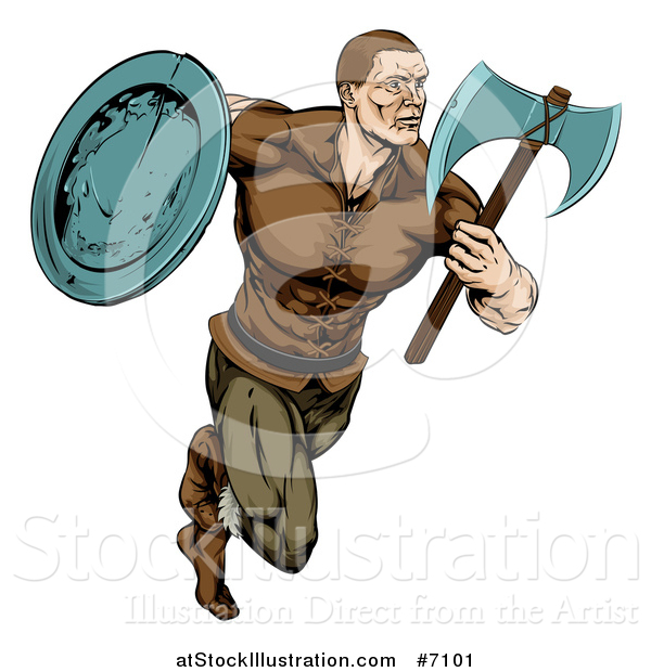 Vector Illustration of a Muscular Viking Warrior Sprinting with an Axe and Shield