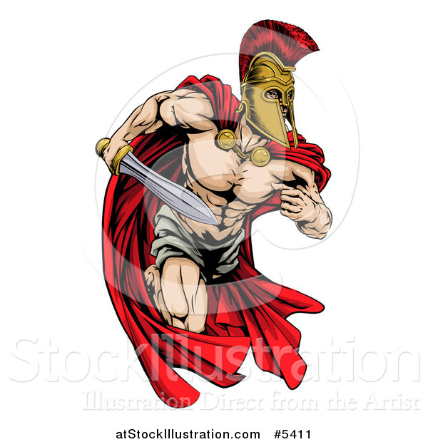 Vector Illustration of a Musular Spartan Trojan Warrior Mascot Running with a Sword