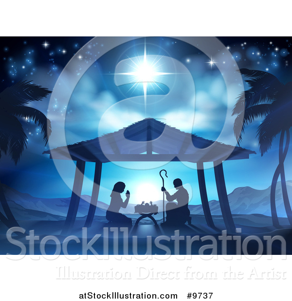Vector Illustration of a Nativity Scene of Mary and Joseph Praying over Baby Jesus, with Palm Trees