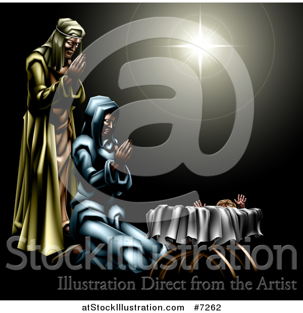 Vector Illustration of a Nativity Scene of the Star, Praying Joseph and Mary and Baby Jesus