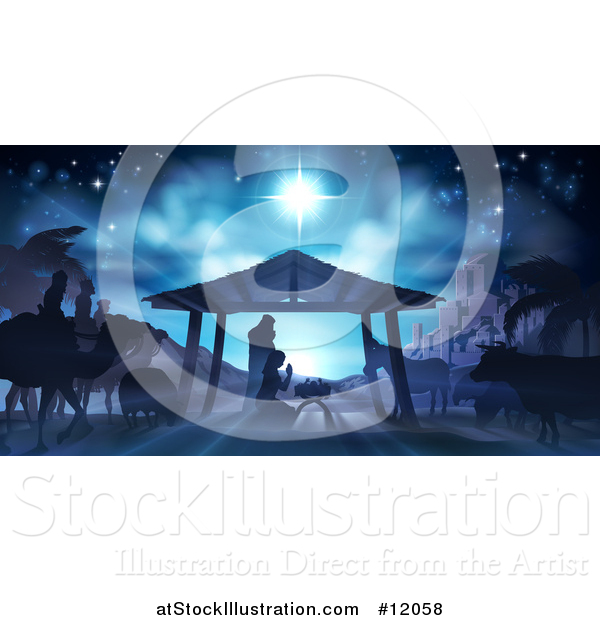 Vector Illustration of a Nativity Scene with Animals, Wise Men, the City of Bethlehem and Star of David
