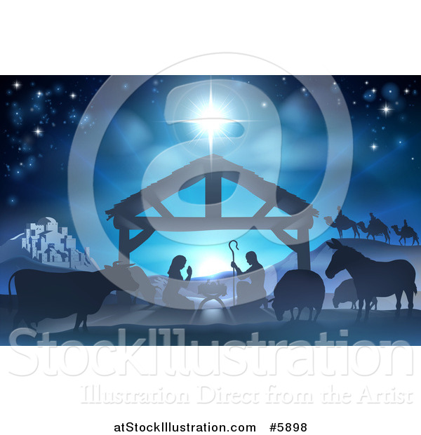 Vector Illustration of a Nativity Scene with the Animals and Wise Men in the Distance and the City of Bethlehem