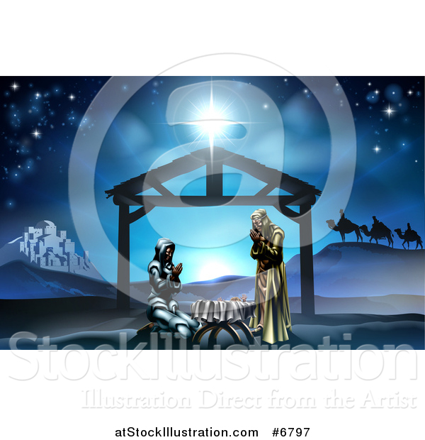 Vector Illustration of a Nativity Scene with the Animals and Wise Men in the Distance and the City of Bethlehem, Mary and Joseph Praying in the Manger