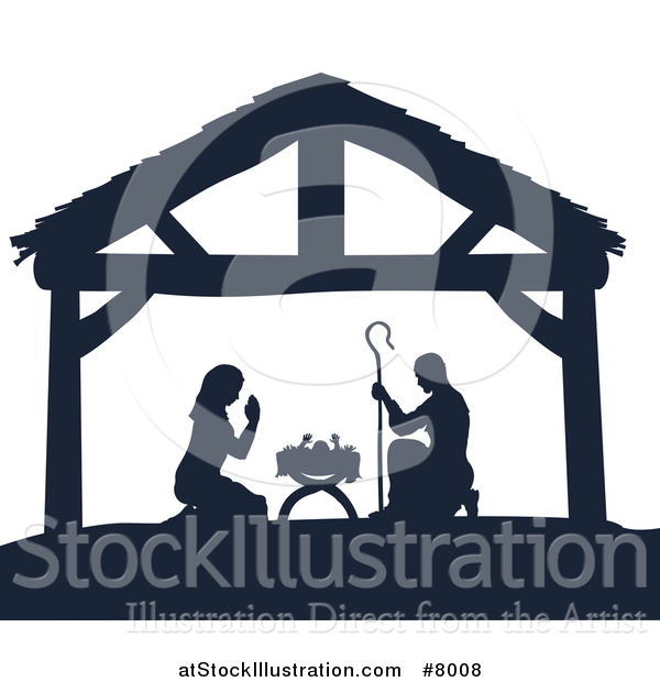 Vector Illustration of a Navy Blue Silhouetted Mary and Joseph Praying over Baby Jesus in a Manger