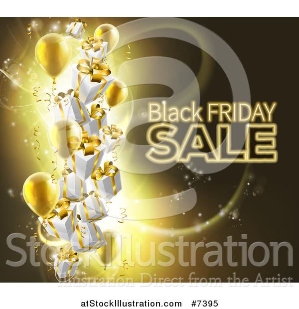 Vector Illustration of a Neon Black Friday Sale Text with 3d Party Balloons and Floating Gifts on Gold and Black