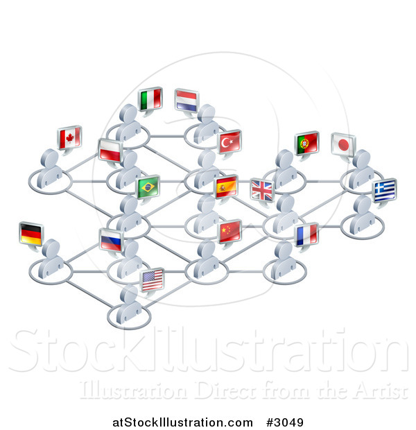 Vector Illustration of a Network of 3d Avatar People with Flags