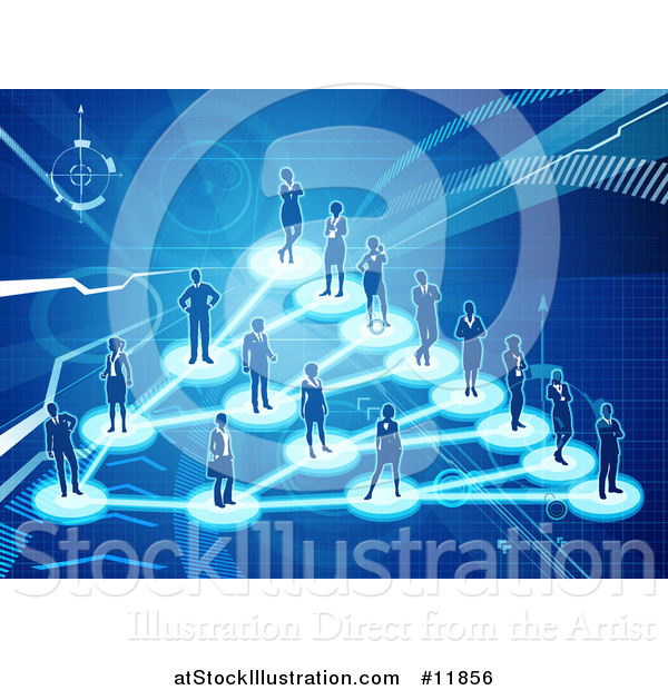 Vector Illustration of a Network of Silhouetted People Connected on a Blue Background