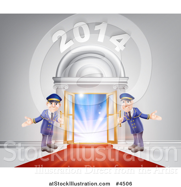 Vector Illustration of a New Year 2014 Venue Entrance with a VIP Red Carpet and Welcoming Friendly Doormen