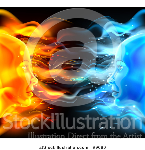 Vector Illustration of a Opposite Profiled Fire and Ice Female Faces on Black