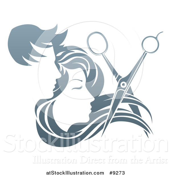 Vector Illustration of a Pair of Scissors Cutting Hair in Front of Male and Female Faces