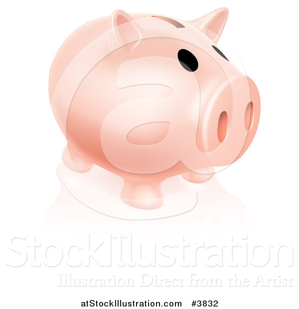 Vector Illustration of a Pale Pink Piggy Bank and Reflection on White