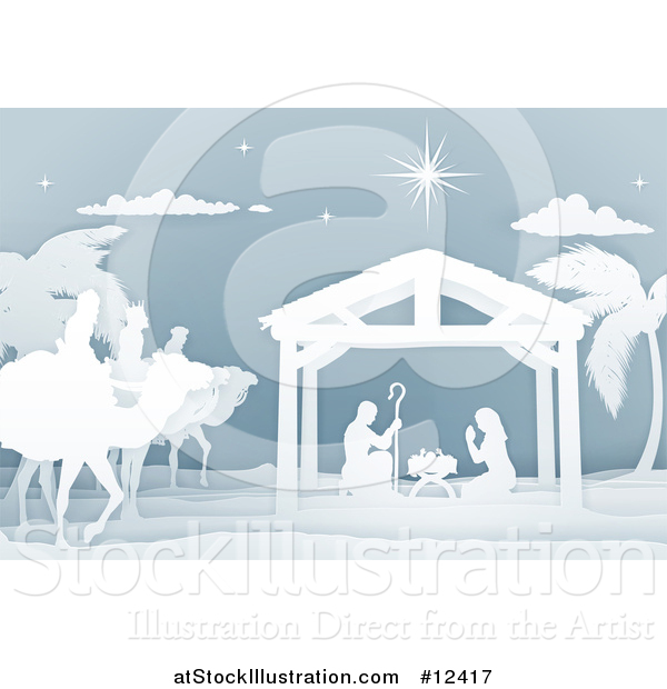 Vector Illustration of a Paper Art Styled Nativity Scene with the Wise Men and Manger