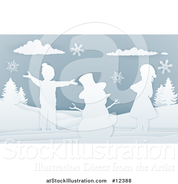 Vector Illustration of a Paper Art Styled Snowman and Children in the Snow