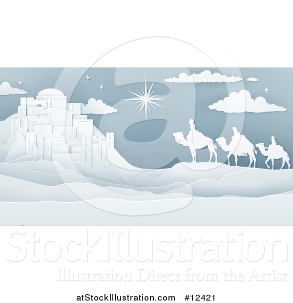 Vector Illustration of a Paper Art Styled Star of David over the Wise Men and Bethlehem