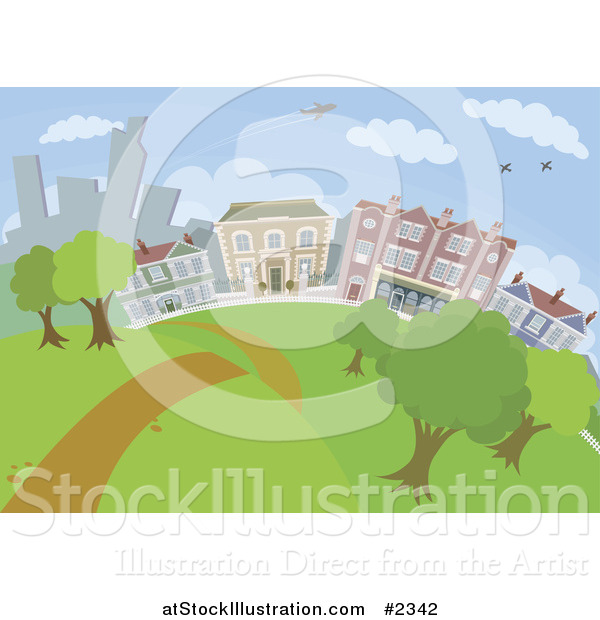 Vector Illustration of a Path Leading Through a City Park with Buildings in the Background