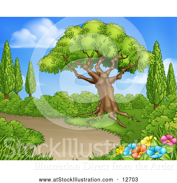 Vector Illustration of a Path Through a Garden with Trees and Flowers