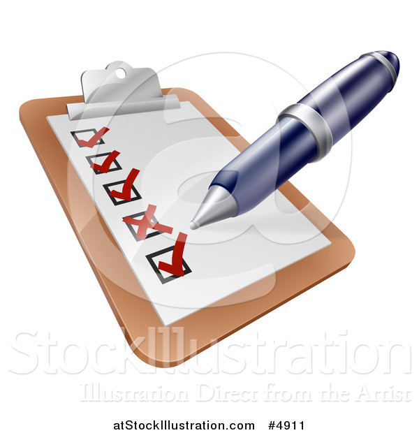 Vector Illustration of a Pen Checking of Boxes on a Survey on a Clipboard