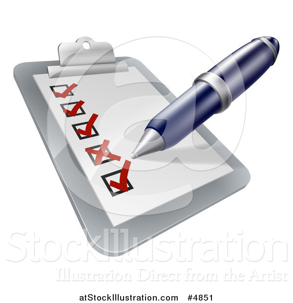 Vector Illustration of a Pen Filling out a Survey on a Clipboard