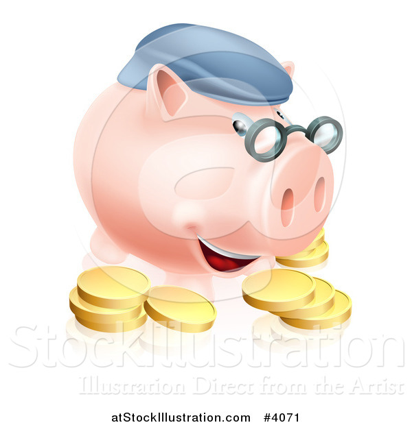 Vector Illustration of a Pension Piggy Bank with Glasses a Hat and Gold Coins