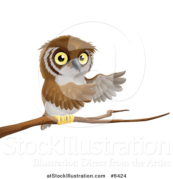 Vector Illustration of a Perched Owl Presenting with His Wings from a Tree Branch