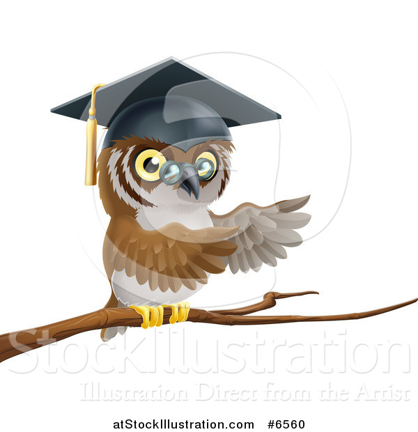 Vector Illustration of a Perched Professor Owl Presenting with His Wings from a Tree Branch