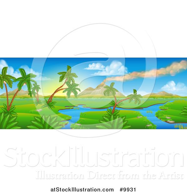 Vector Illustration of a Perhistoric Jurassic Landscape with a Smoking Volcano